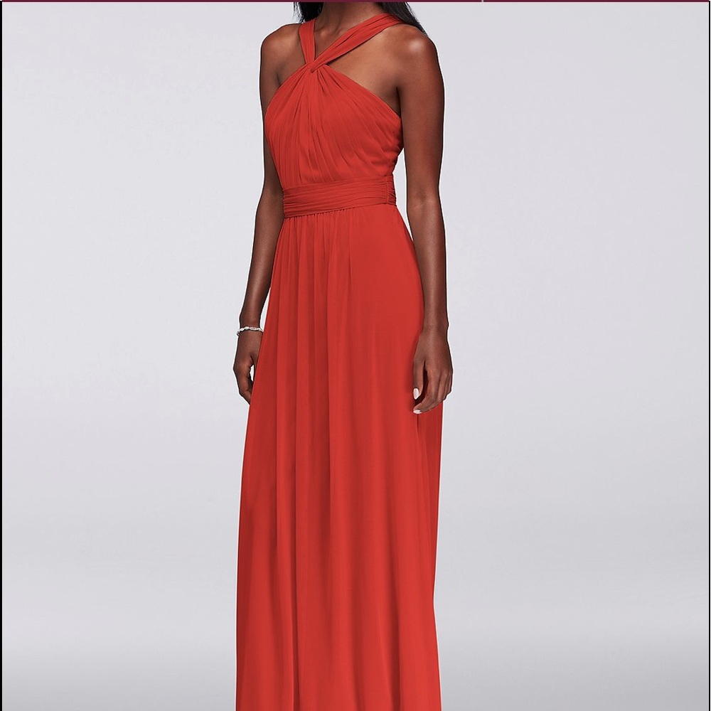 Persimmon y neck mesh bridesmaid dress